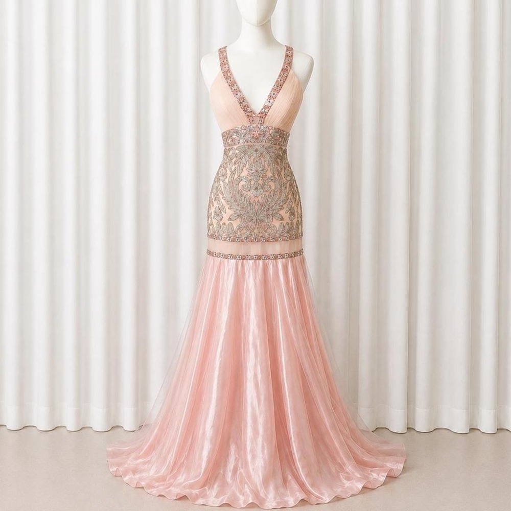 Vintage Sue Wong Y2K Blush Pink Beaded Mermaid Prom Dress Fairycore Gown